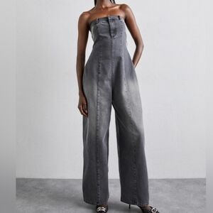 NEW Ksenia Schnaider x Free People Black Gray Strapless Denim Wide Leg Playsuit
